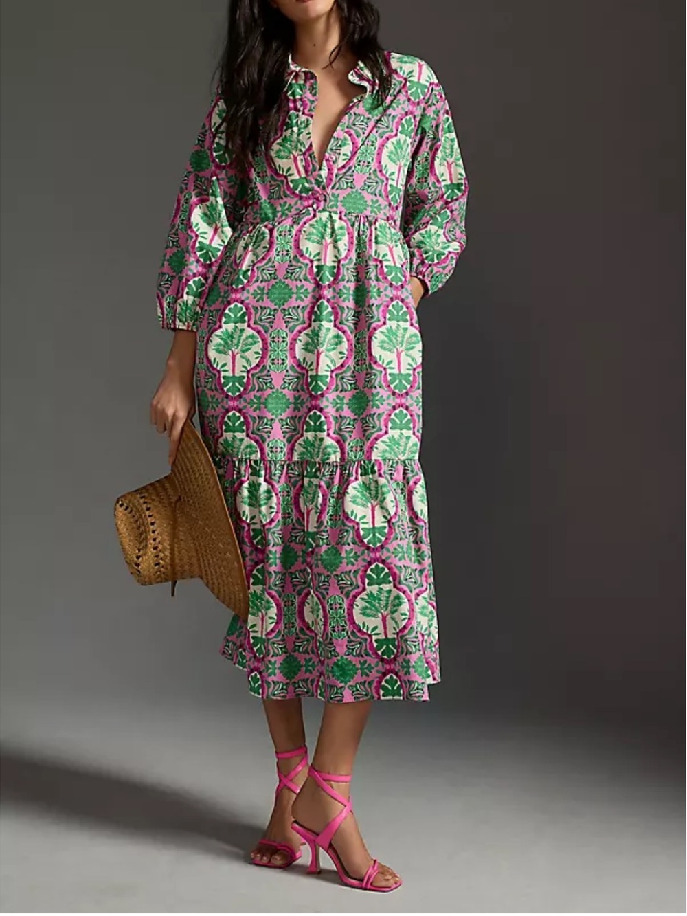 Anthropologie Pink & Green Tropical Print Maxi Dress - Picture 3 of 7